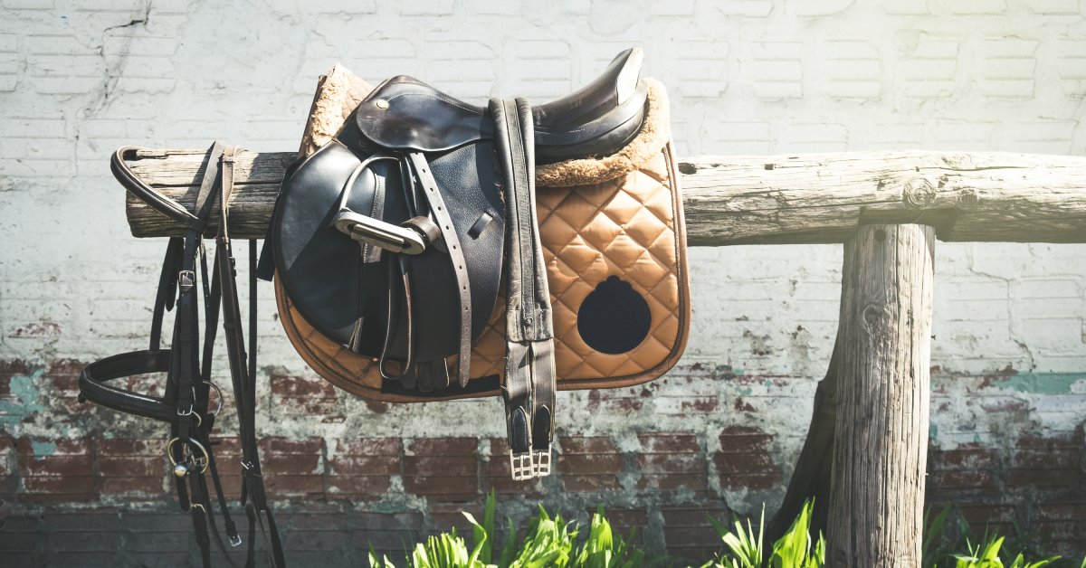 A black horse saddle and a light brown saddle pad sit on a wooden pole. Western horse reins sit in front of the saddle.