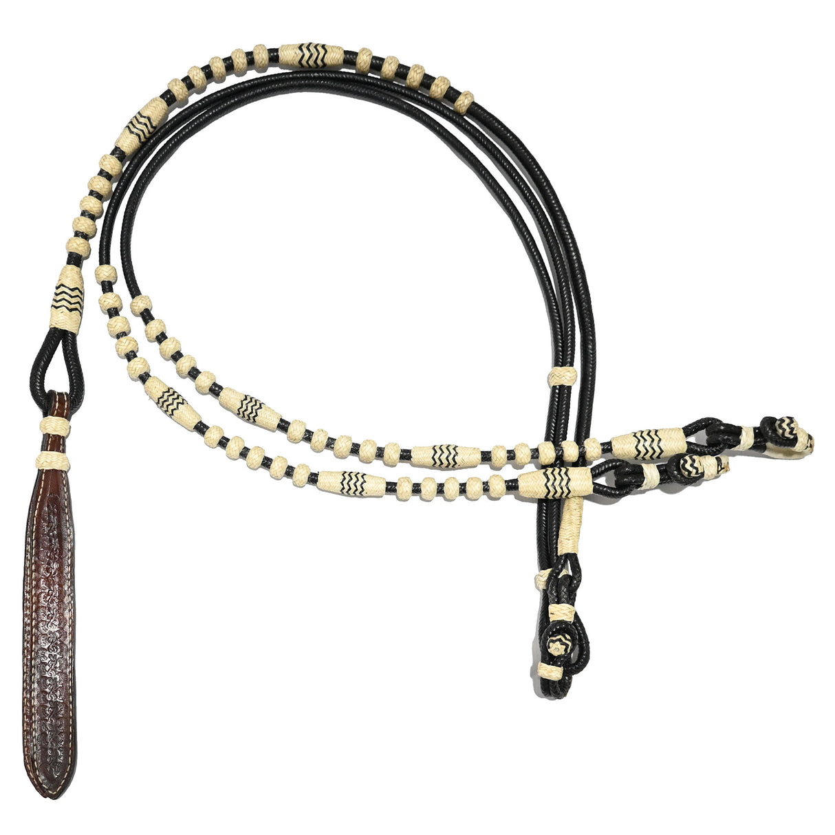 TRB 18 Plait Black George Moore Patterned Romal Reins with Natural Accents