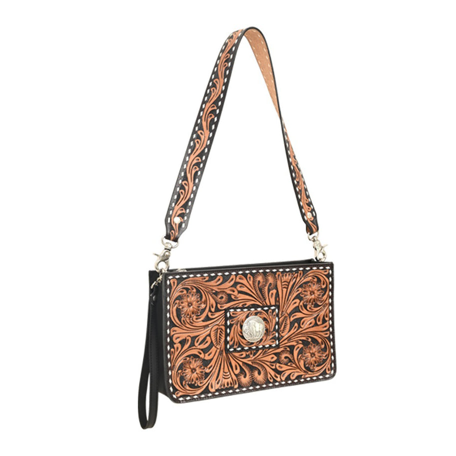 Tooled leather crossbody bag sale