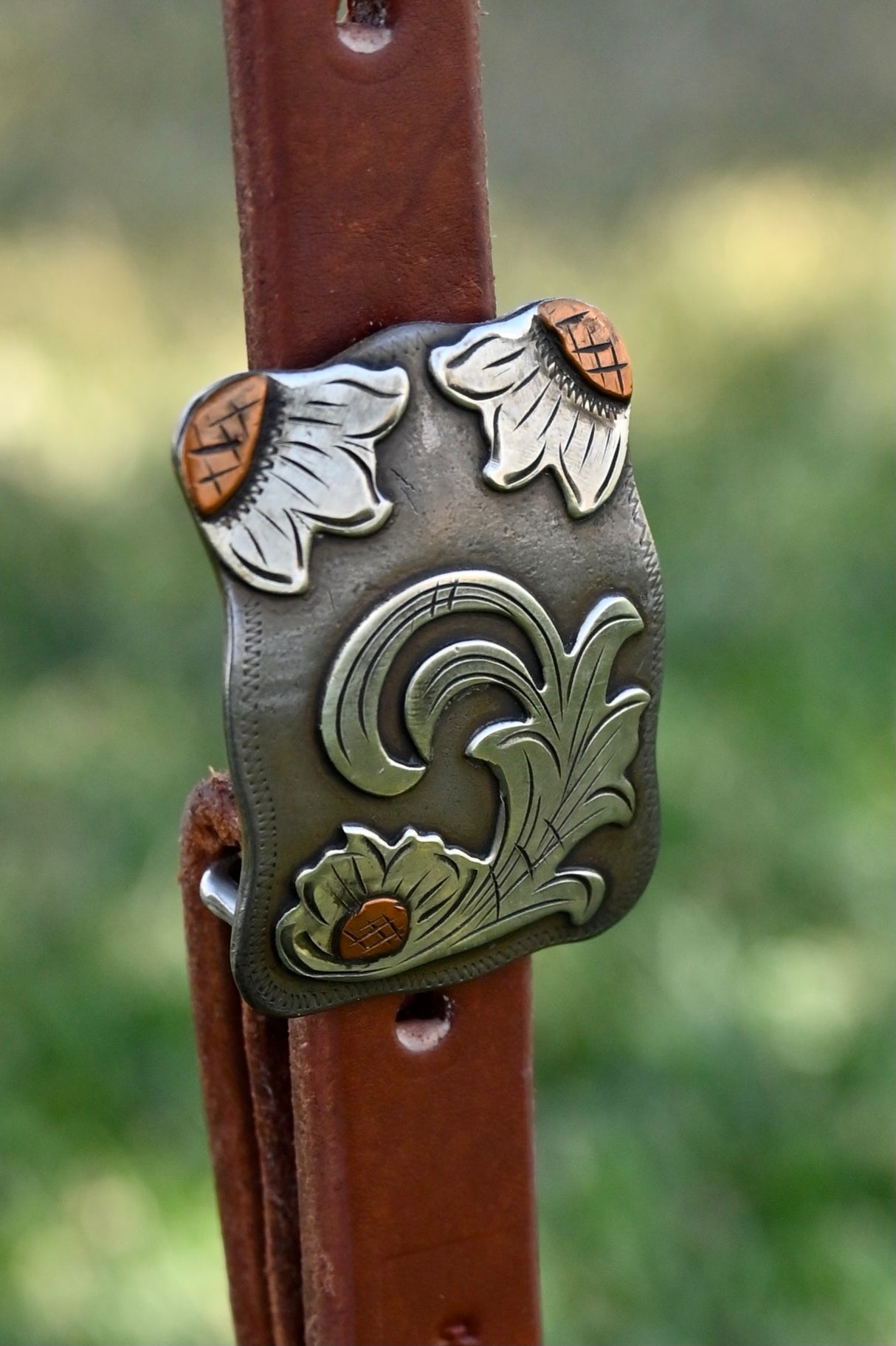 Cowperson Tack 3/4" Slit Ear Headstall with Square Floral Buckle