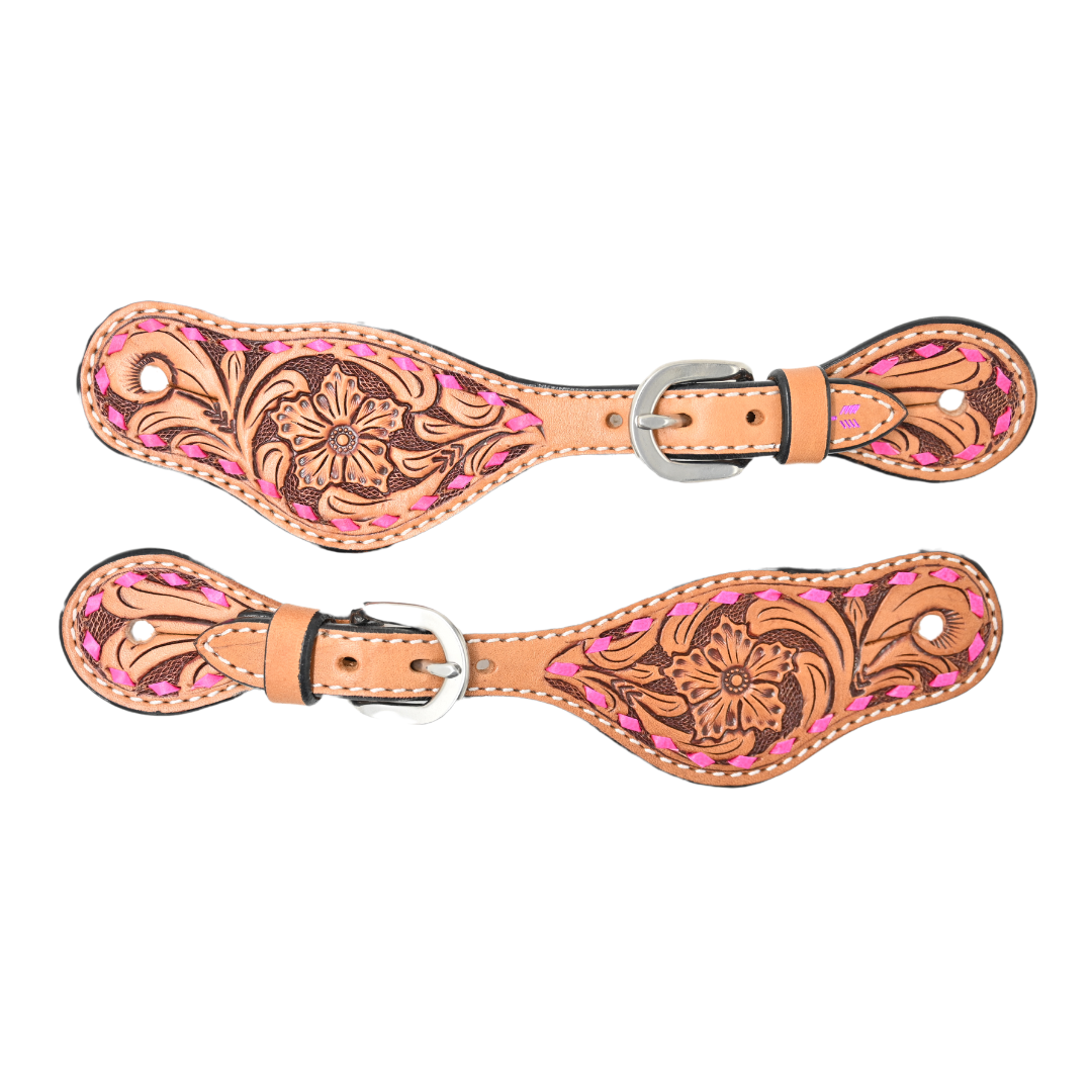 Rafter T Tack Kids Spur Straps with Floral Tooling & Pink Buckstitch