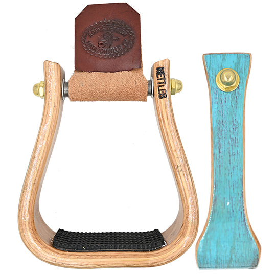 Nettles 2" Barrel Racer Stirrups Two Tone Turquoise Stain with Rubber Gripper