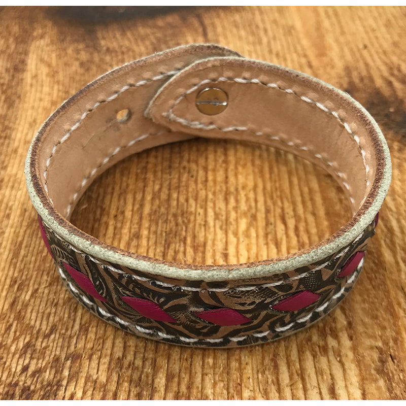 San Saba Equine Tan Floral and Hot Pink Buckstitch Bracelet